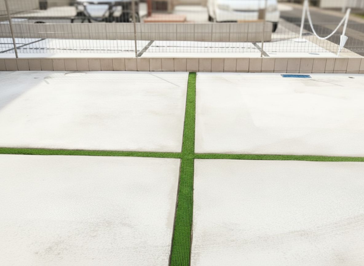 土間コンクリートと人工芝目地
