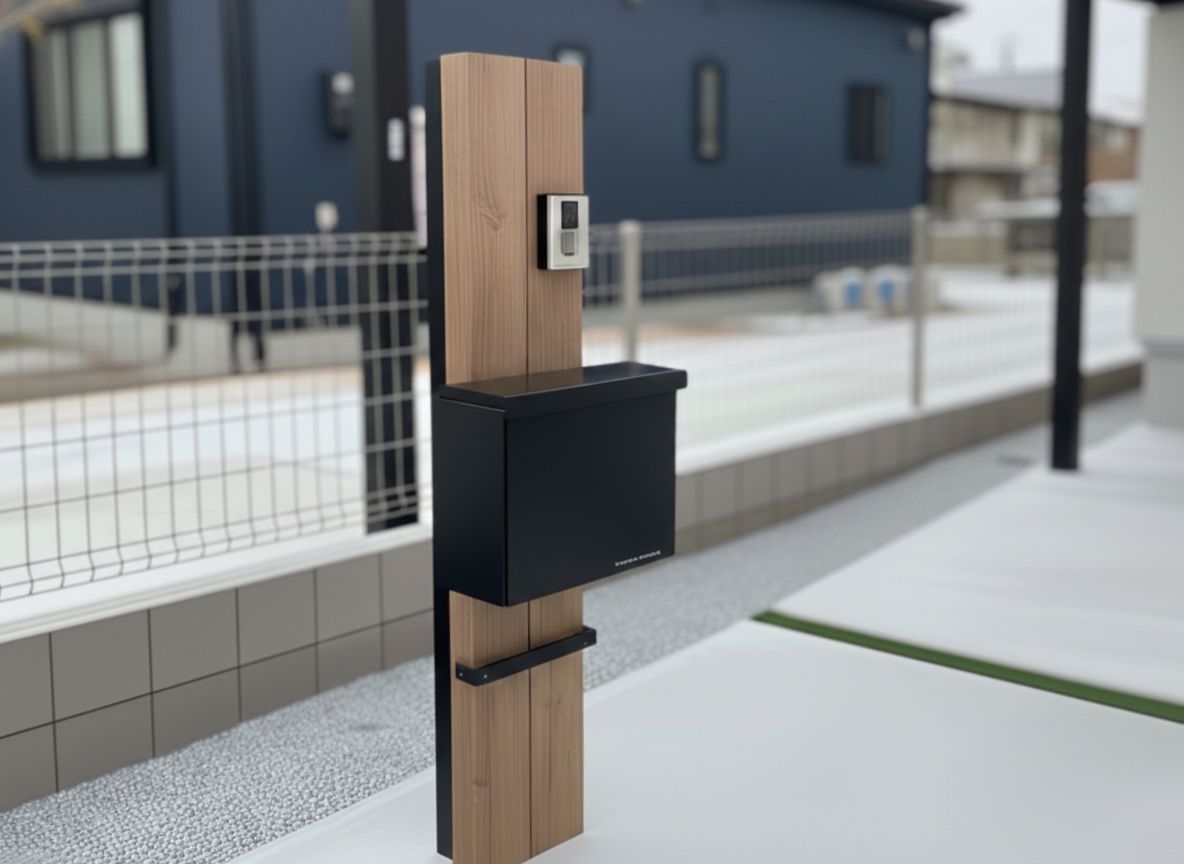 テラス屋根で繋がる玄関と機能門柱