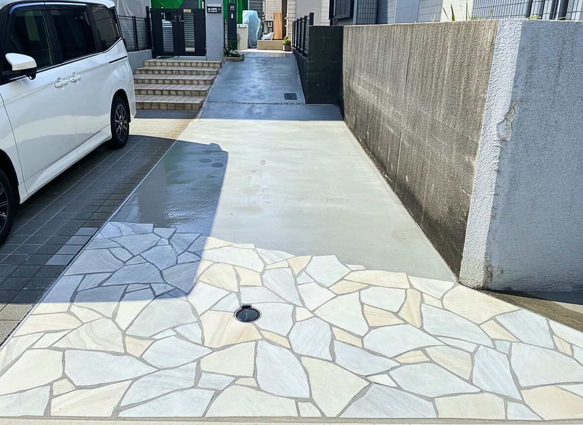 特殊タイル調仕上げのアプローチとLIXILコラゾン機能門柱